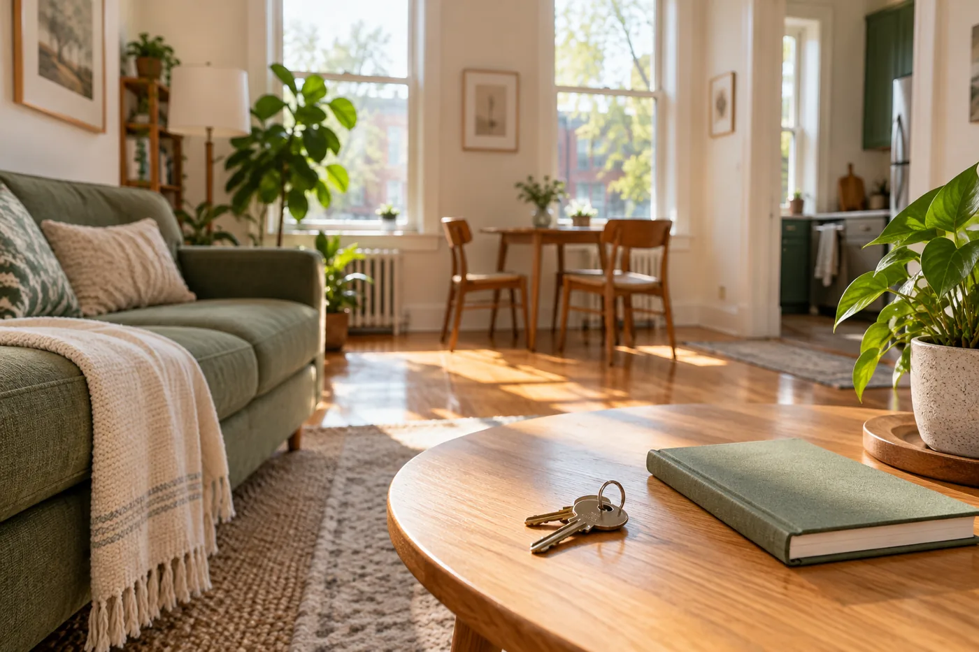 Sunlit rental apartment with a sage sofa and house keys on a wooden table